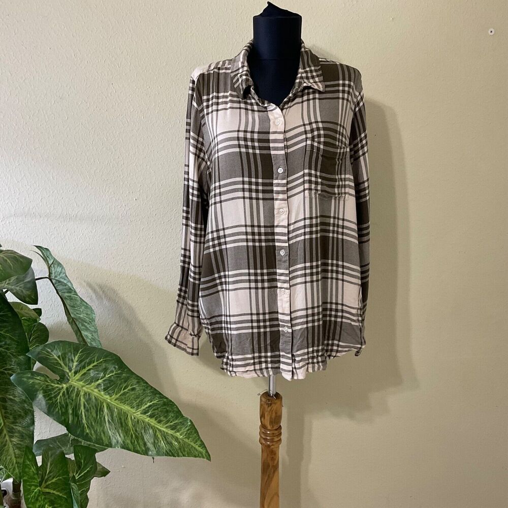 Lucky Brand Shirt Women's L Brown Gray Plaid lightweight Button Up Long Sleeve